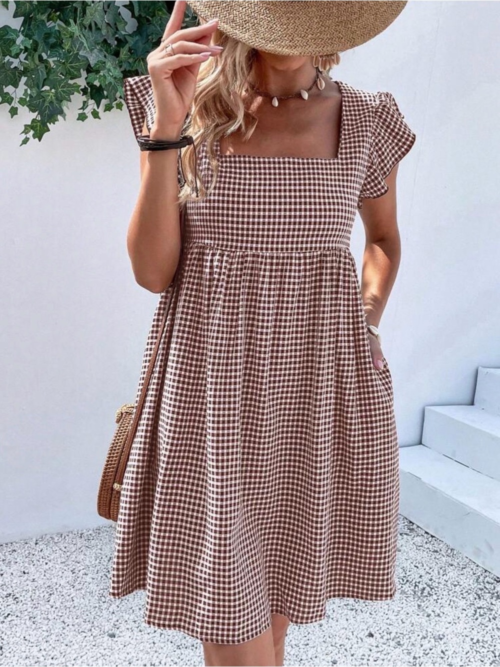SHEIN Brown Gingham Square-Neck Midi Dress
